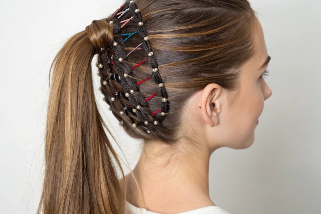 A young woman with a decorative hair comb in her ponytail