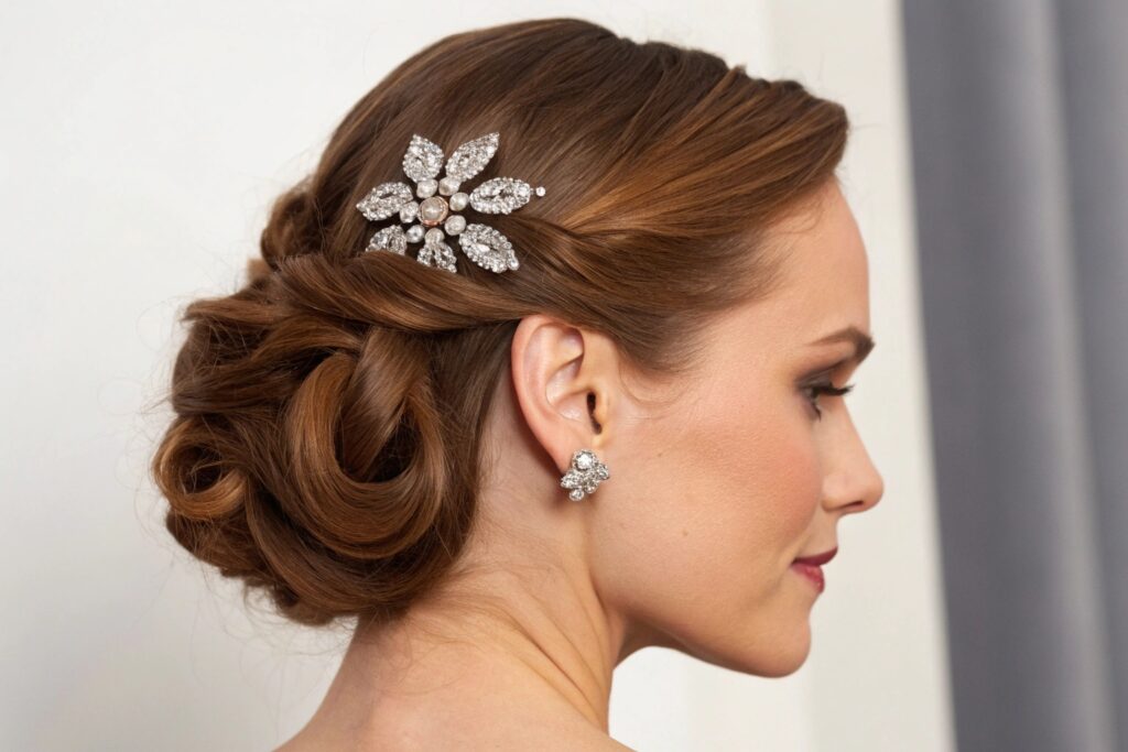 A woman with a braided hairstyle and a decorative hair clip