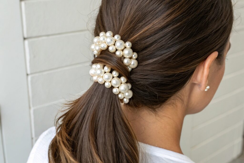 A woman with a pearl hair clip in her ponytail