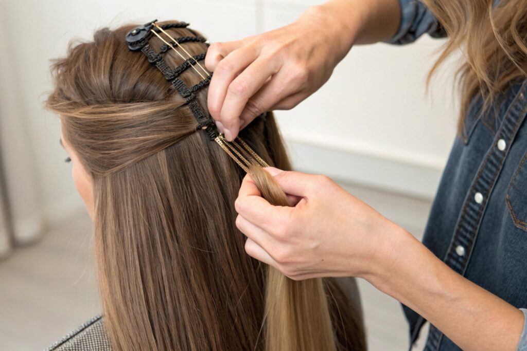 A woman getting her hair styled