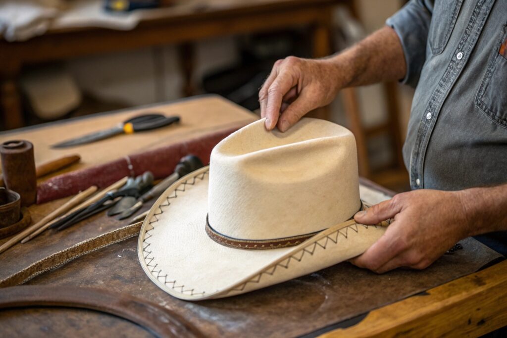 Close-up of hands shaping a light-colored cowboy hat on a workbench with various tools