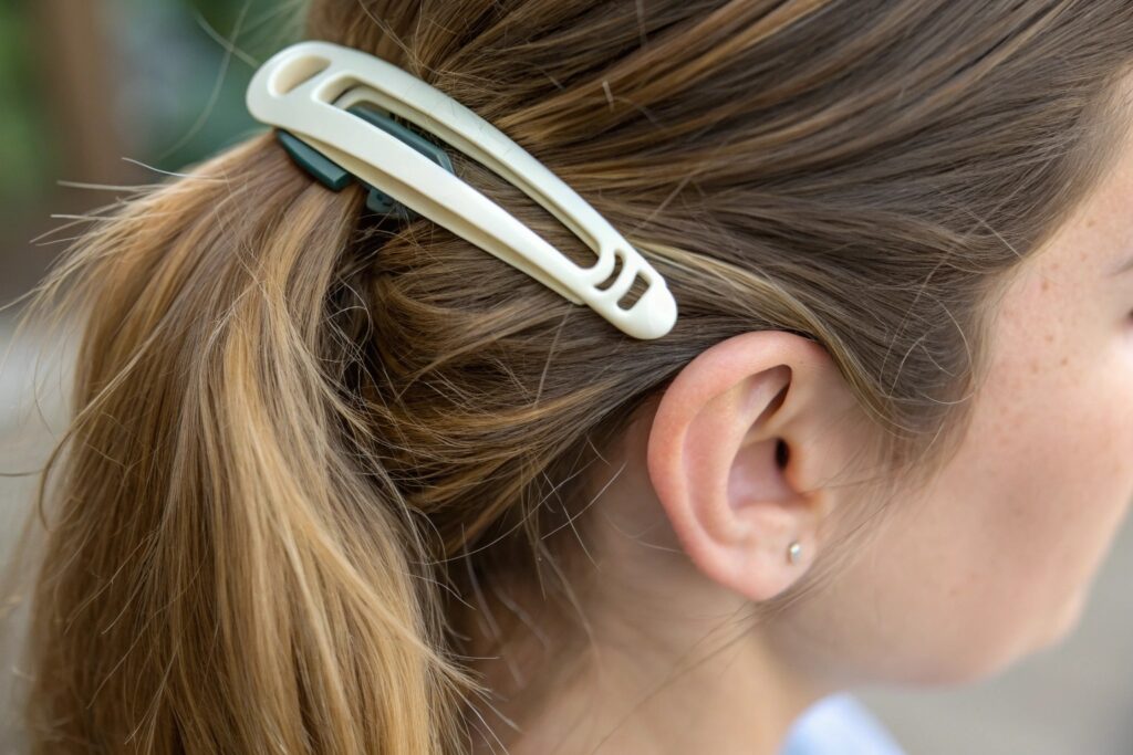 A person with blonde and brown hair in a low ponytail, secured with a white plastic hair clip