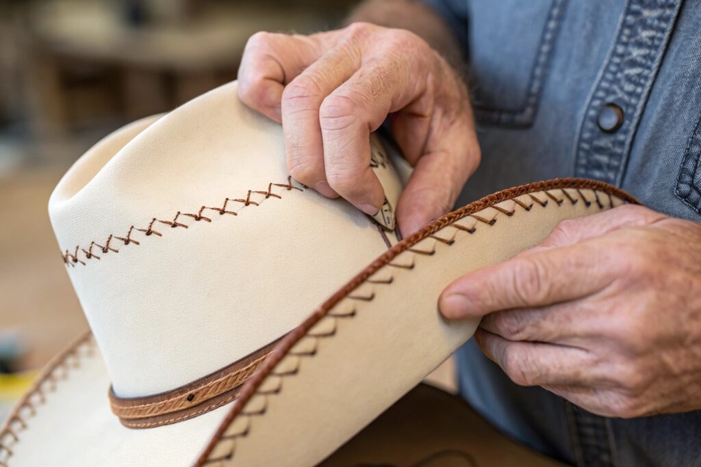 Close-up of hands carefully shaping the brim of a light-colored cowboy hat with decorative stitching and a brown band