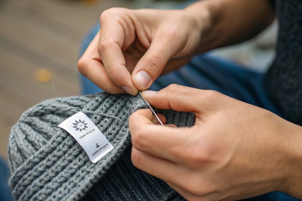 Close-up image focusing on hands carefully sewing a brand label onto a knitted grey beanie, showcasing detailed craftsmanship and branding process