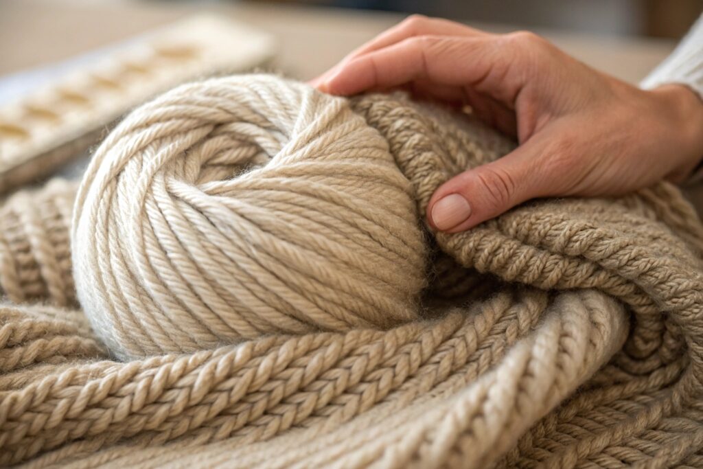 Close-up of a soft, thick beige yarn ball resting on matching hand-knitted fabric, with a hand gently inspecting the texture — highlighting warmth, craftsmanship, and quality material