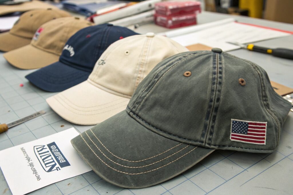 Close-up layout of multiple unstructured dad hats featuring custom embroidery – Showcasing a USA flag patch design and various neutral tones. Ideal for highlighting made-in-USA headwear, custom cap manufacturing, or durable cotton caps for branding.