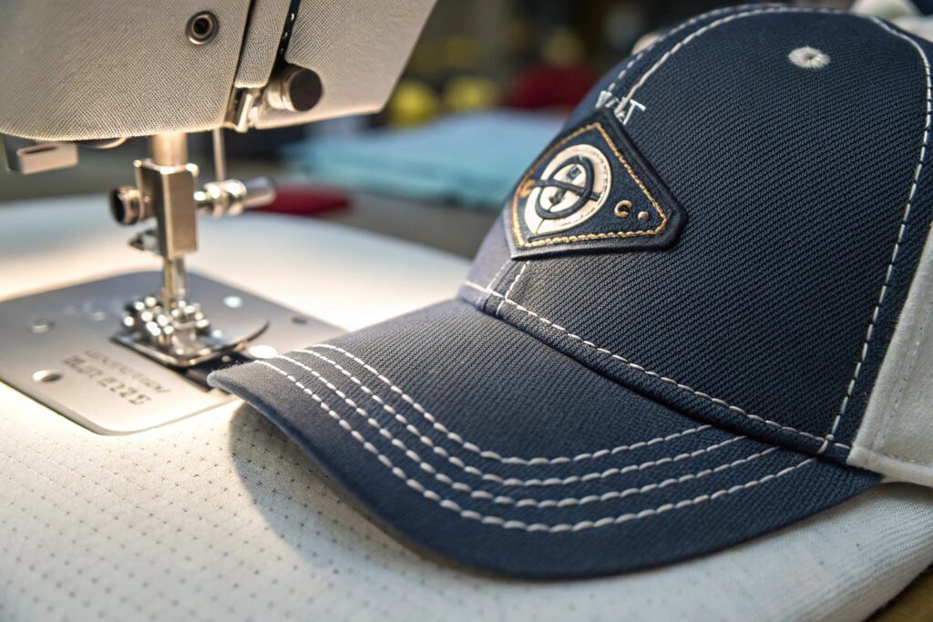 Close-up of a navy blue and white baseball cap with a patch being sewn by a sewing machine