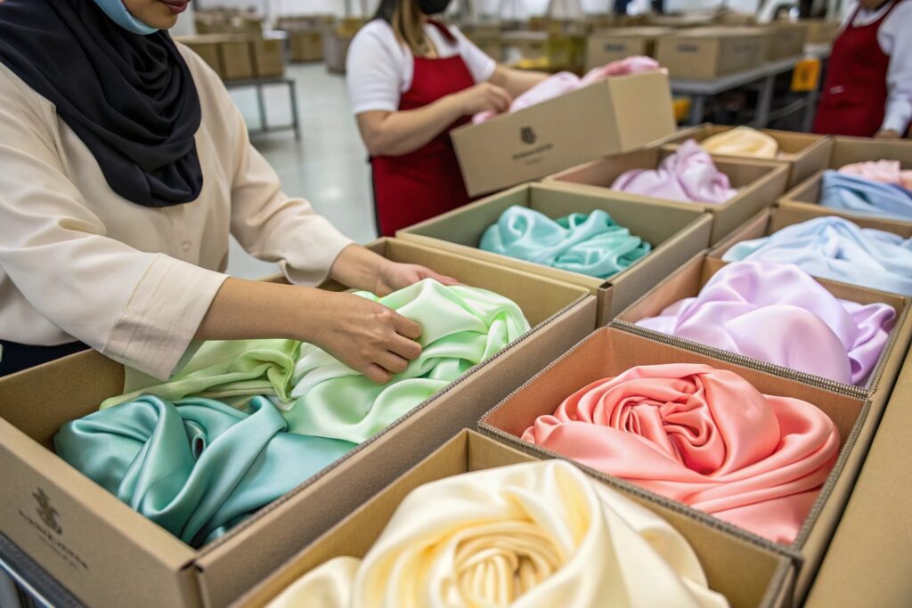 Close-up of Custom Silk Scarves Being Packed by Workers