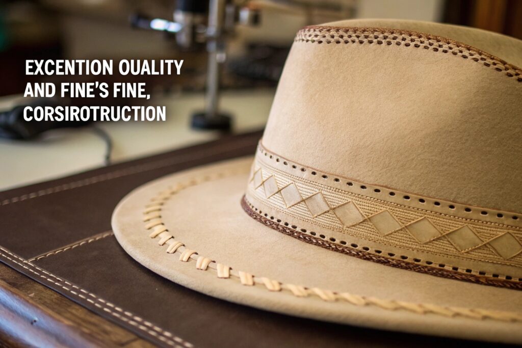 A close-up of a light brown hat with intricate stitching and a decorative band, resting on a dark brown surface
