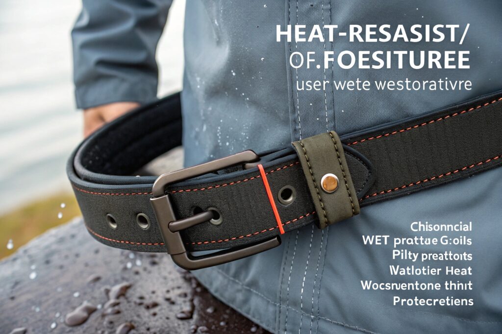 Close-up of a durable heat-resistant belt with water droplets, emphasizing features like its resistance to heat and water exposure, designed for tough outdoor conditions.
