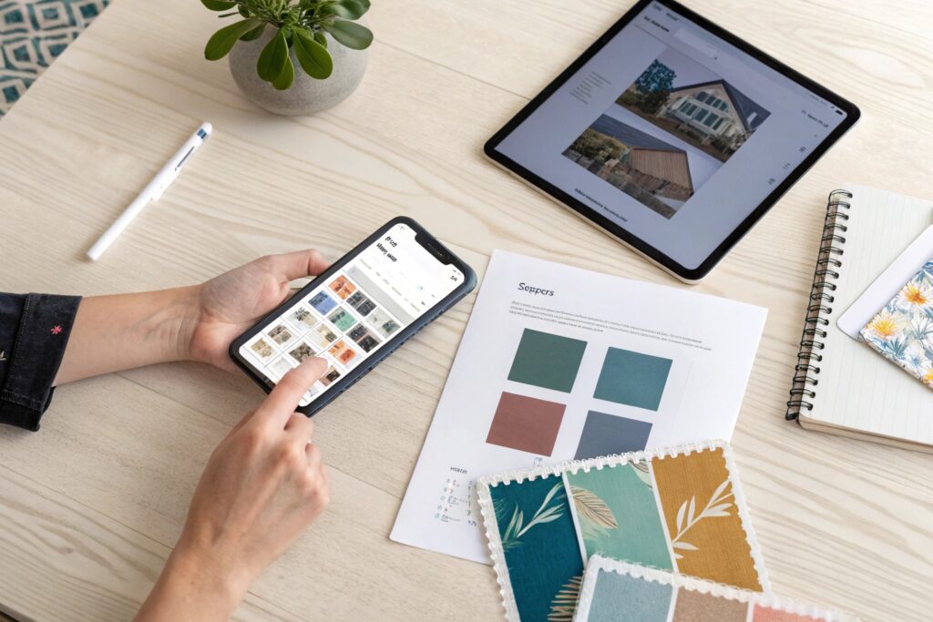 Flat lay of textile design workflow showing color palette, digital sketches, and fabric swatches on workspace