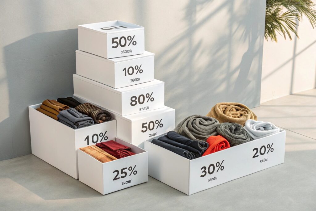 Clean infographic-style image displaying tiered discount boxes filled with scarves, perfect for visualizing wholesale pricing or bulk purchase incentives