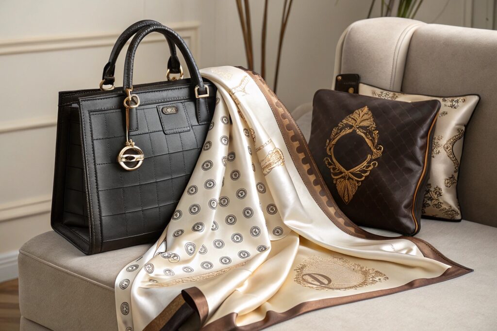 High-end product shot of a custom silk scarf styled with luxury handbag and pillows, emphasizing elegance and craftsmanship