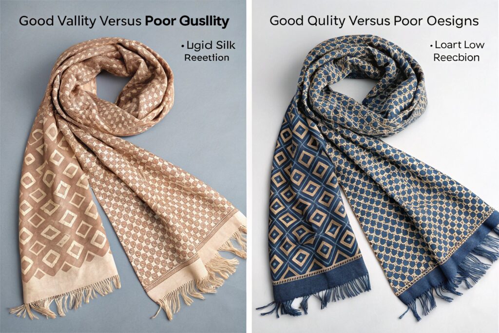 Side-by-side comparison of high-quality vs. poor-quality silk scarves highlighting differences in design and material clarity