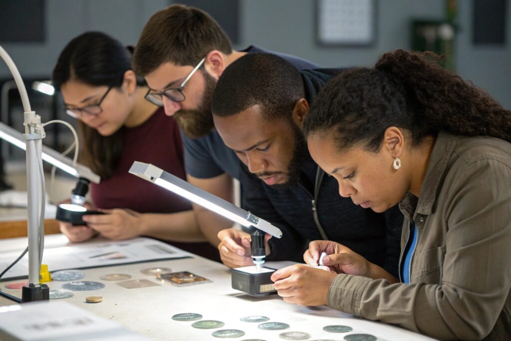 A diverse team of product developers is deeply engaged in quality inspection at a brightly lit workspace. Under focused desk lamps, they examine accessories and components with precision tools and microscopes. The scene highlights collaborative innovation and detail-oriented craftsmanship, perfect for conveying professionalism in a fashion or accessories production setting.