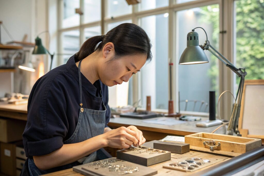 A skilled artisan sits at a well-lit wooden workbench, carefully hand-polishing jewelry pieces with focused precision. Surrounded by tools, gemstones, and trays of delicate metalwork, the serene workspace is filled with natural light streaming through large windows. The scene captures craftsmanship and dedication in a boutique workshop setting. Ideal for showcasing handmade or bespoke accessory production.