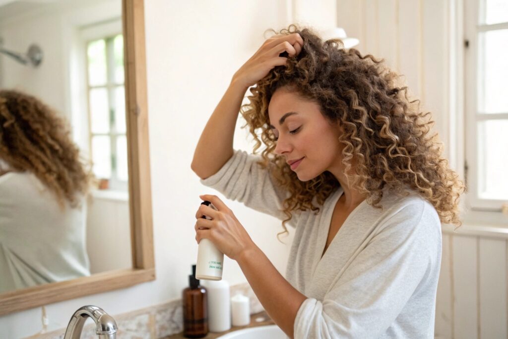 Woman Applying Styling Cream to Curly Hair