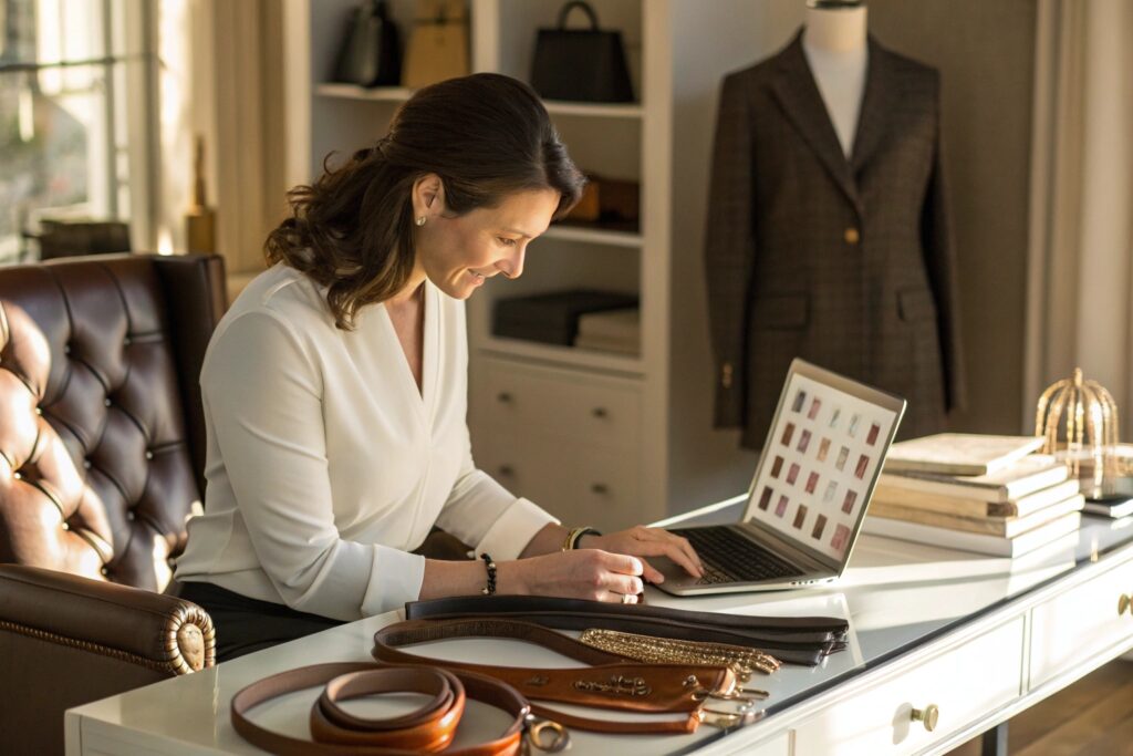 American Boutique Owner Reviewing Leather Belt Samples from Fumao