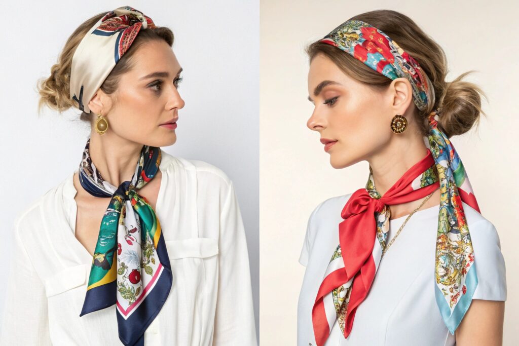 Creative ways to tie silk scarves for different looks – A European model elegantly showcases versatile styling using colorful silk scarves as both a headband and necktie. Perfect for fashion inspiration.