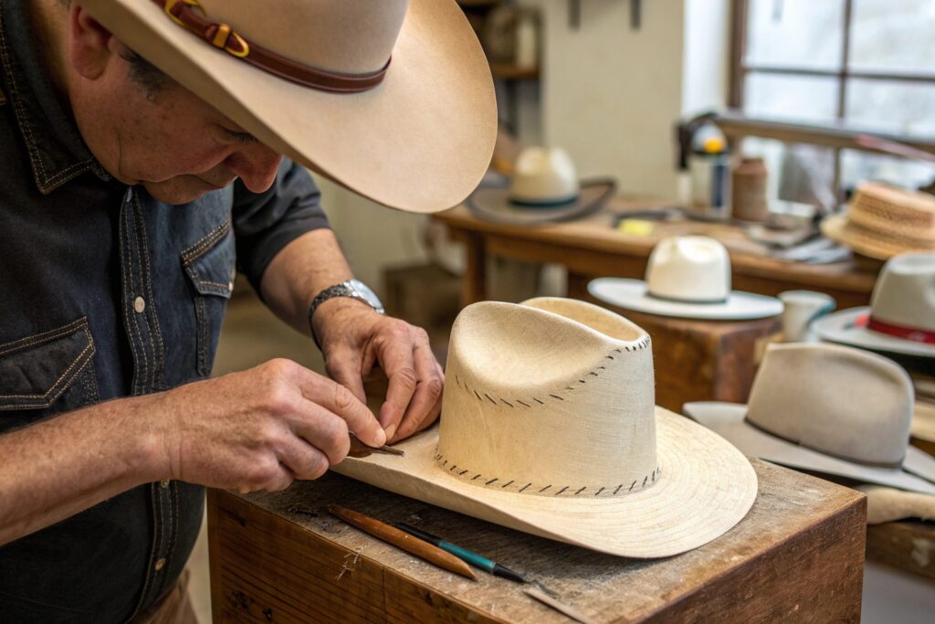 A person wearing a cowboy hat working on another light-colored cowboy hat on a wooden workbench in a workshop with other hats in the background