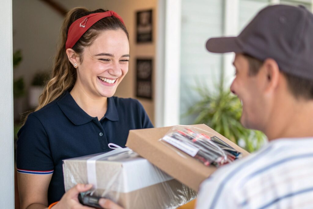 A smiling person with long brown hair pulled back with a red headband, wearing a dark blue polo shirt, receiving packages from a delivery person wearing a grey cap and a striped shirt