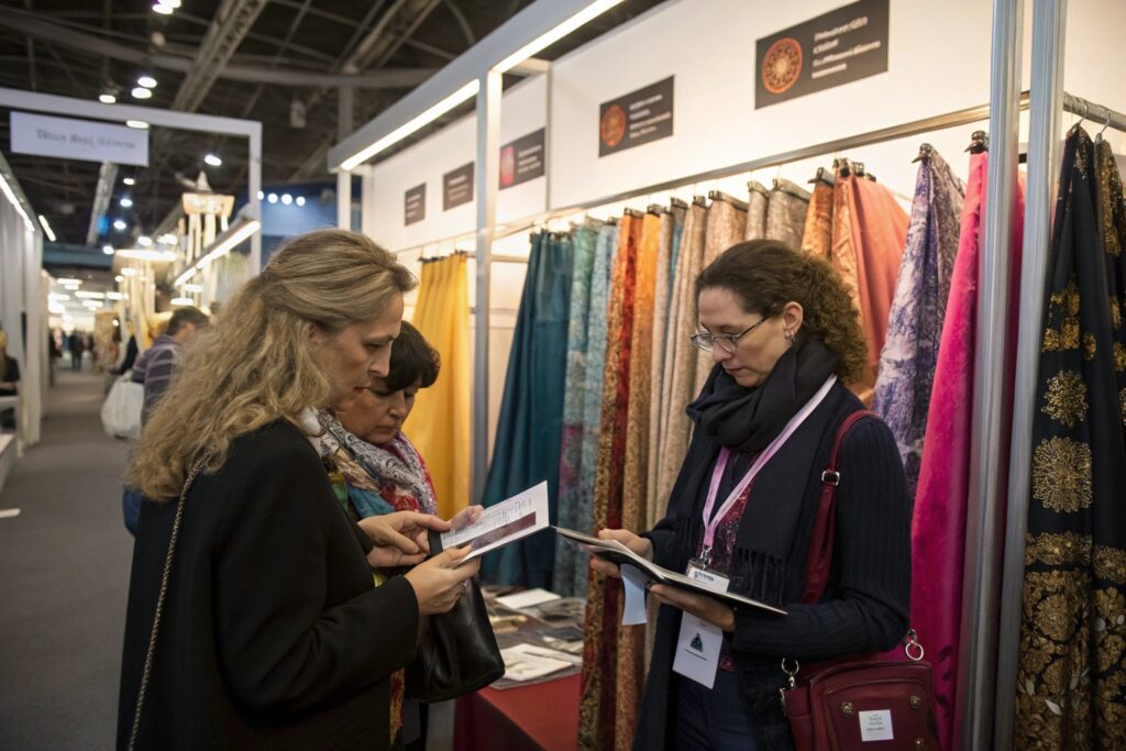 European and American buyers at a silk trade fair booth, examining fabric swatches and catalogs under soft exhibition lighting