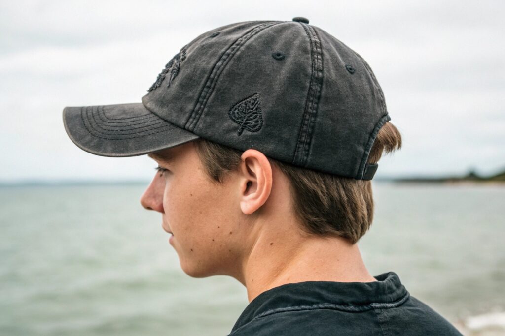 Side profile of a young European or American male model wearing a matte black pigment-dyed dad hat with minimalist tonal embroidery. Captured outdoors by the sea, this image is ideal for showcasing lifestyle branding, relaxed fits, and monochrome streetwear aesthetics for wholesale or e-commerce fashion campaigns.