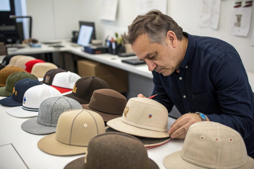 A person inspecting a light-colored hat among a collection of various hats on a table in an office or workshop setting