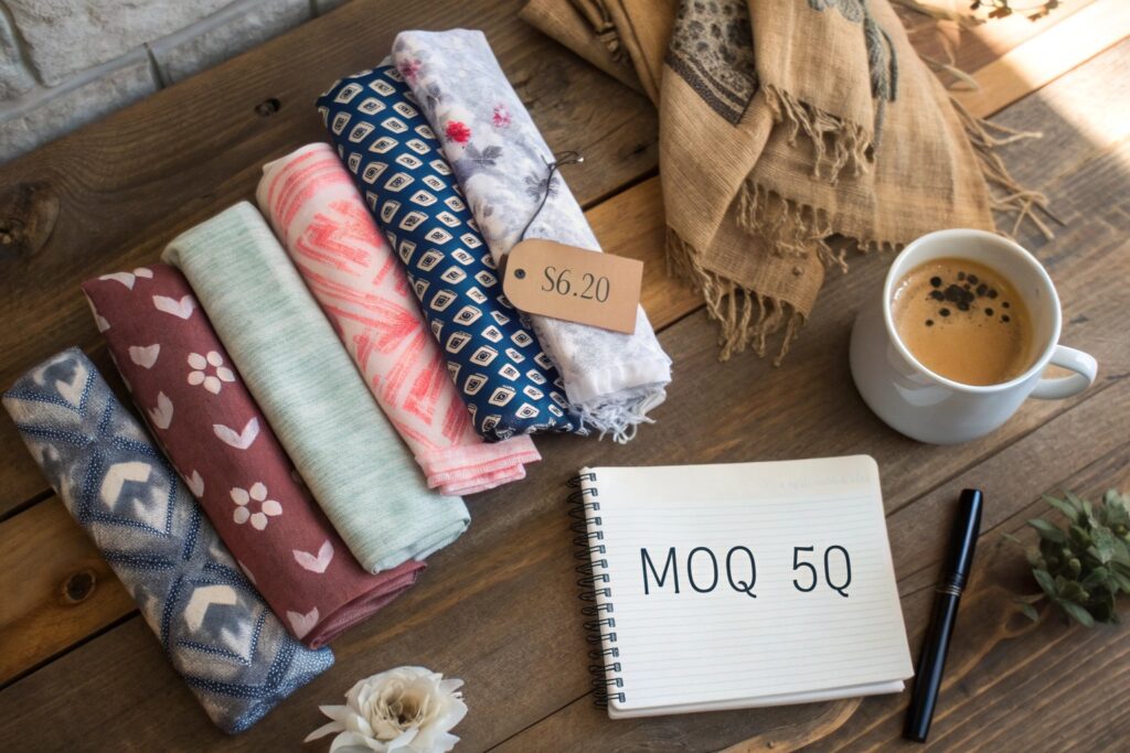 Flat lay of boutique fashion scarves with price tag and minimum order quantity note, ideal for wholesale catalog