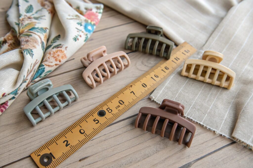 A flat lay image featuring five modest matte claw clips in muted earth tones, arranged neatly alongside a wooden ruler for scale. The scene is styled with neutral and floral fabrics on a light wooden surface, presenting a natural and soft aesthetic perfect for product presentation.