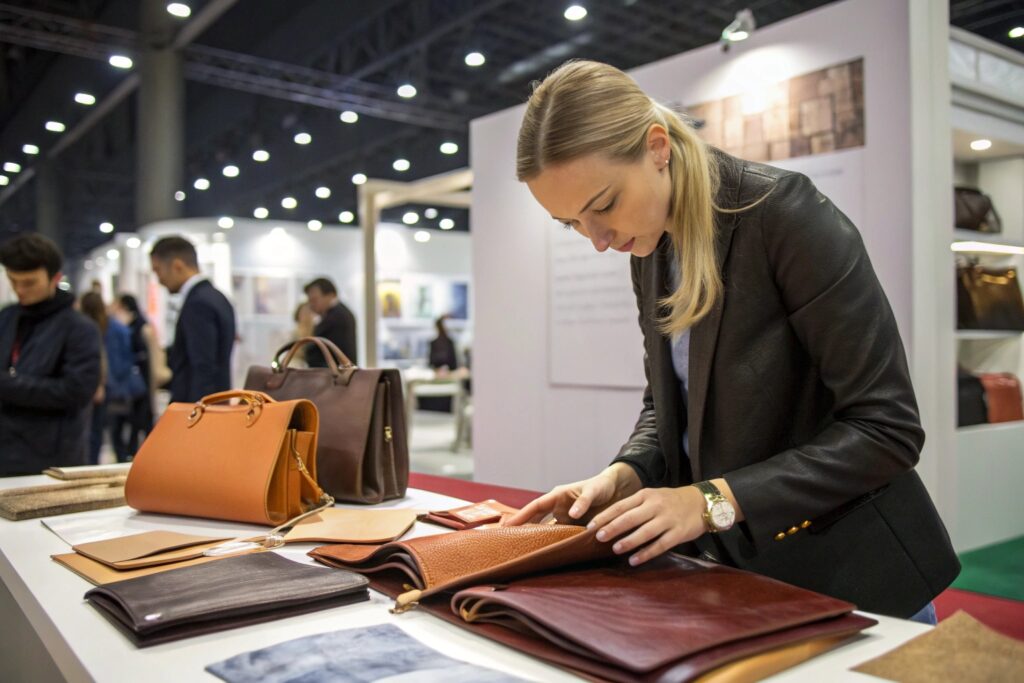 A photorealistic image of a designer carefully inspecting high-quality leather swatches at a trade show booth. The display table is arranged with various textures and colors of leather, along with finished handbags in rich brown and tan tones. The atmosphere is professional and focused, with other attendees visible in the background.