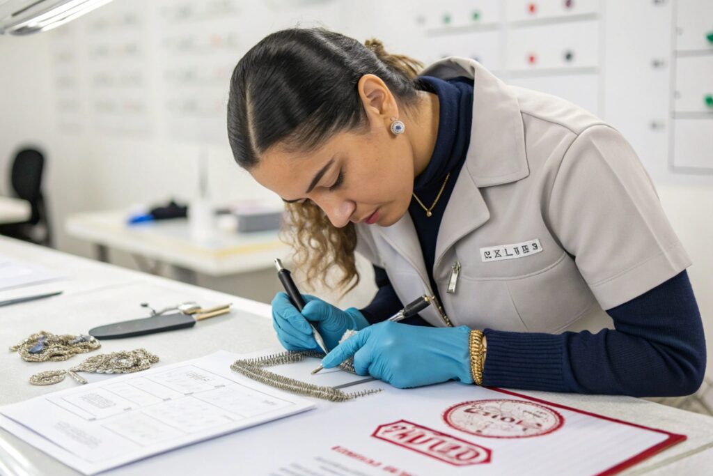 A skilled quality control inspector in a clean, well-lit factory environment is seen meticulously examining a luxury necklace using precision tools. Wearing gloves and a branded uniform, she checks for flaws or inconsistencies, emphasizing the brand’s commitment to high standards and craftsmanship. Ideal for illustrating jewelry manufacturing or QC process professionalism.