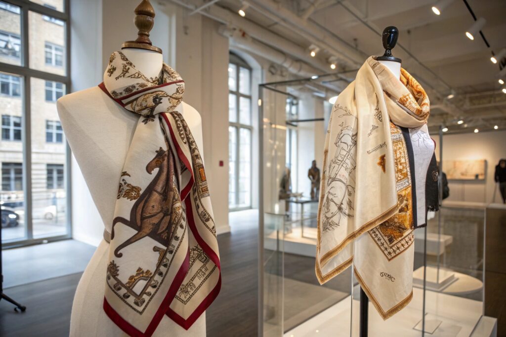 Elegant display of heritage-inspired and contemporary silk scarves on mannequins in a modern showroom, showcasing premium scarf craftsmanship and styling versatility