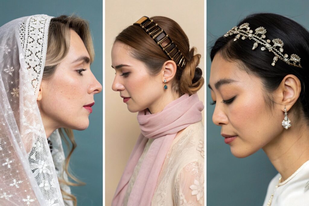 A split-screen composition featuring three elegant women, each showcasing a distinct head accessory: a floral lace veil, a geometric brown and gold headband, and a jeweled tiara-style hairpiece. This close-up side profile format emphasizes the intricate design and cultural diversity of hair accessories, ideal for fashion, bridal, or styling content.