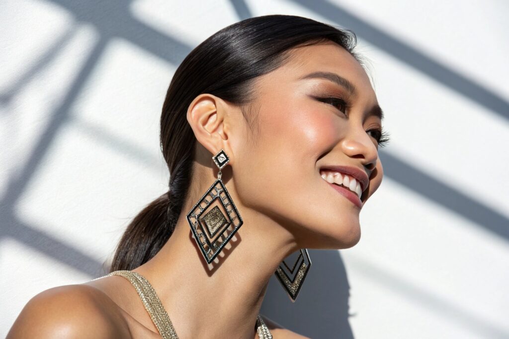 A studio shot of a smiling Asian model wearing bold, diamond-shaped statement earrings with a sparkling golden outfit. The image captures her joyful expression and the way the light creates shadows on the white background, highlighting the elegance of the jewelry.