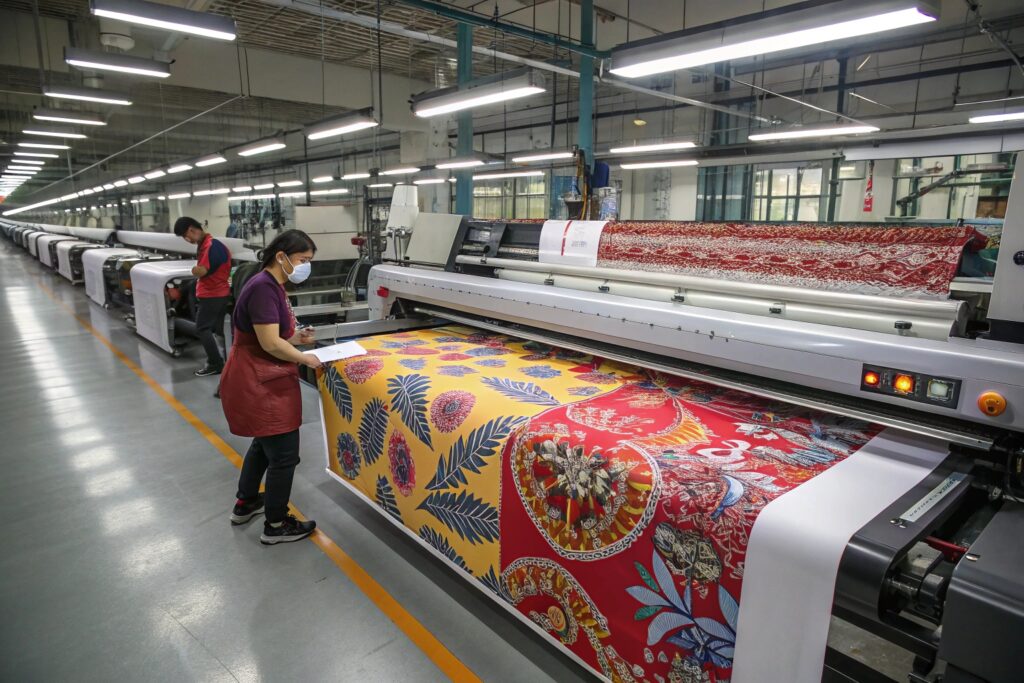 Inside Fumao’s automated Chinese factory – digital textile printing machines working on vibrant scarf patterns