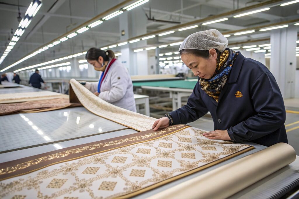Inside Fumao’s Hangzhou facility - workers carefully inspecting and rolling premium patterned silk fabrics