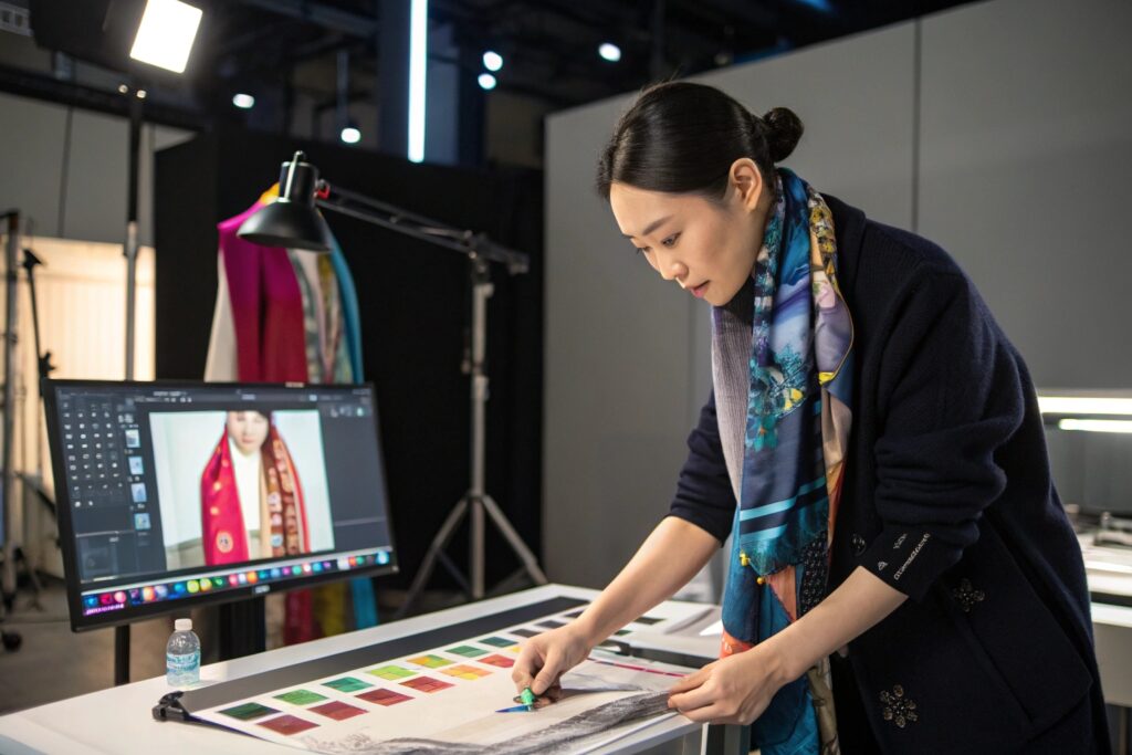 Designer Using Color Matching Tools for Silk Scarf