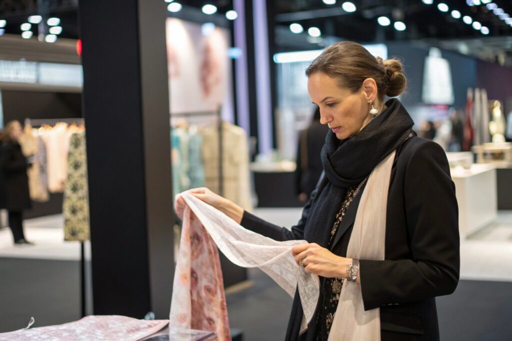 Luxury fashion buyer examining silk fabric at a high-end textile exhibition