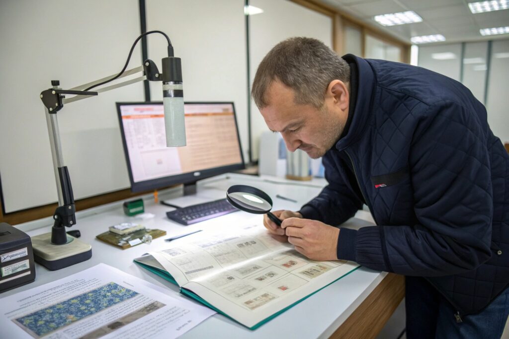 European quality inspector in textile lab examining print precision with magnifying glass at Fumao’s silk facility