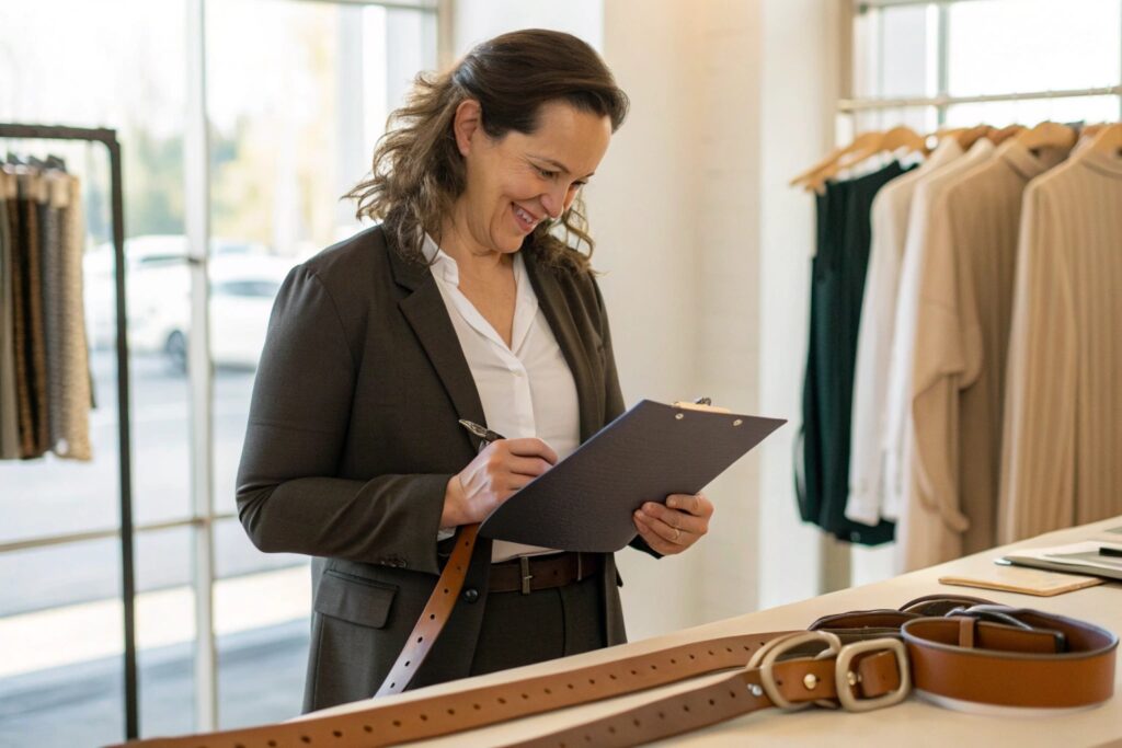 Satisfied Boutique Client Inspecting Fumao Leather Belts
