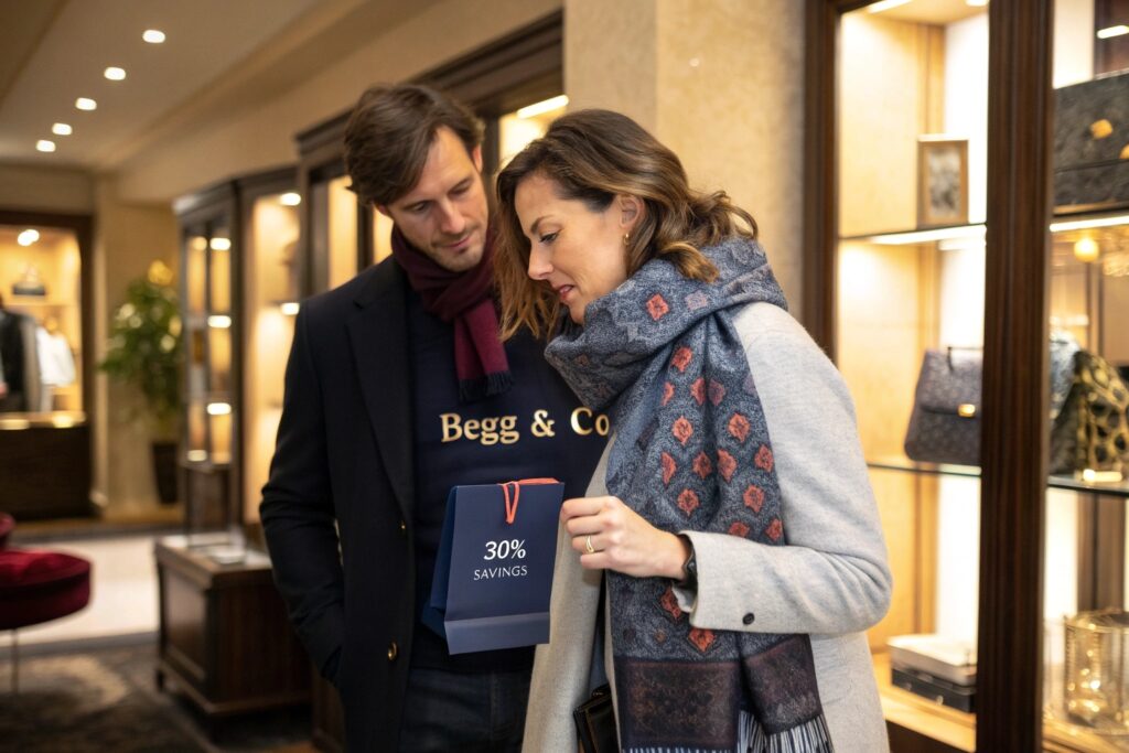 Stylish European couple shopping for luxury scarves in boutique store during winter season, holding gift bag with 30% savings