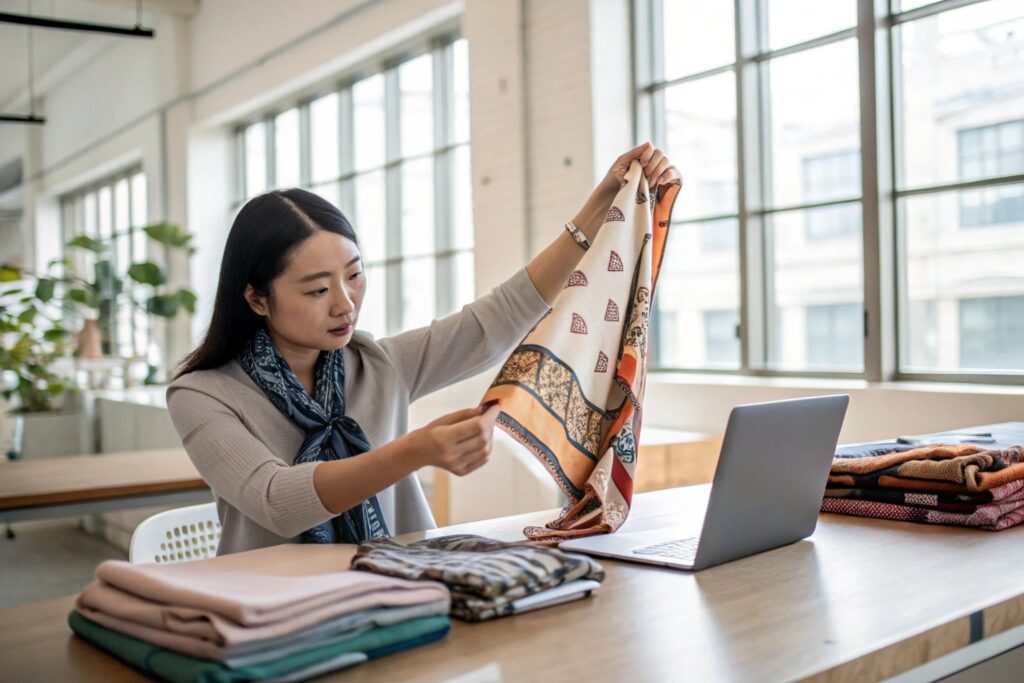 Young Chinese entrepreneur reviewing printed silk scarf samples during a virtual meeting