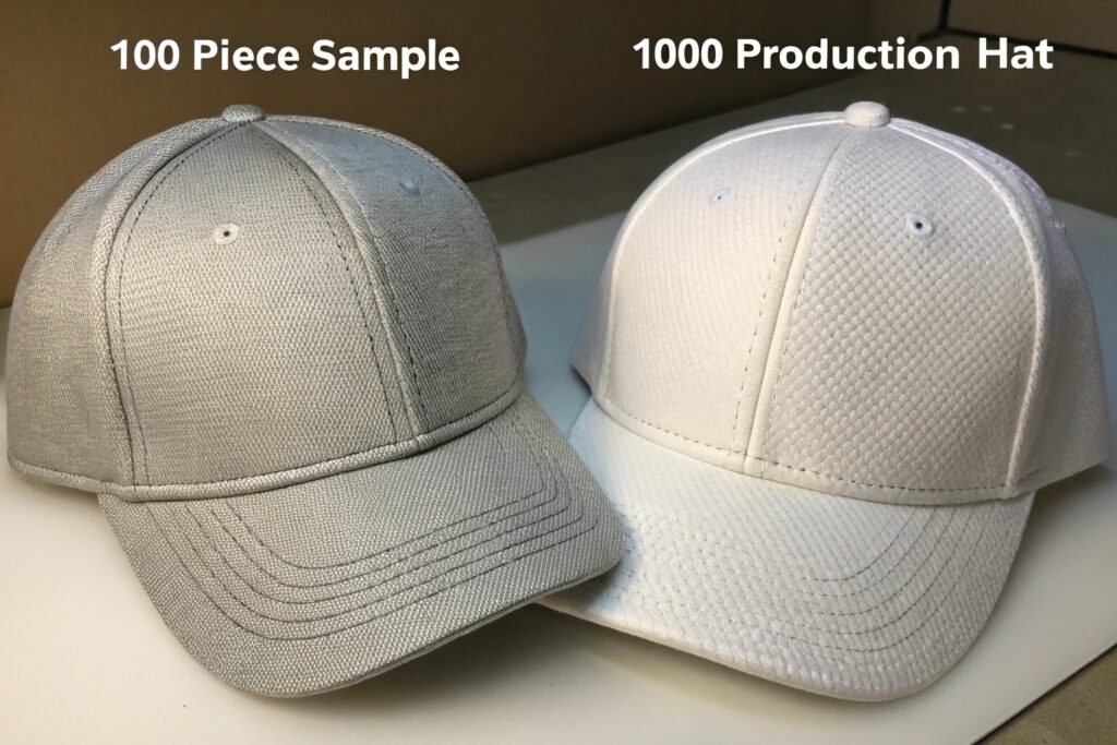 Comparison Between 100 Piece Sample and 1000 Production Hat