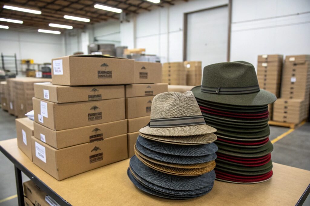 Stacks of various hats on a table in a warehouse or storage facility, next to stacks of cardboard boxes