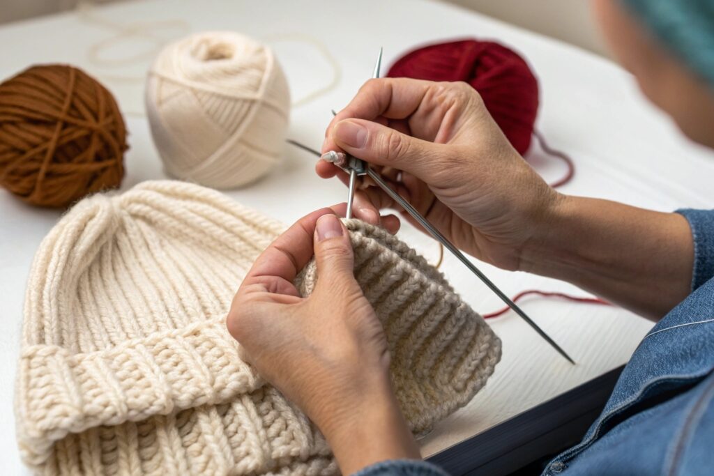 Image depicting skilled hands working with yarn and knitting needles to create a ribbed woolen beanie, with finished hat and yarn balls in the background