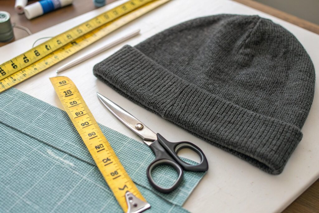 Image featuring essential tools for starting a DIY hat-making project, including a dark gray knit beanie, measuring tape, scissors, a cutting mat, and thread spools—perfect for fashion prototyping or tailoring work