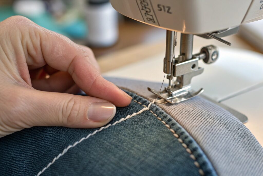 Image showing a hand guiding fabric under a sewing machine needle, creating a precise stitch line on a denim textile, emphasizing craftsmanship and detail