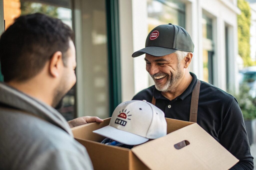 A man handing a hat to another man