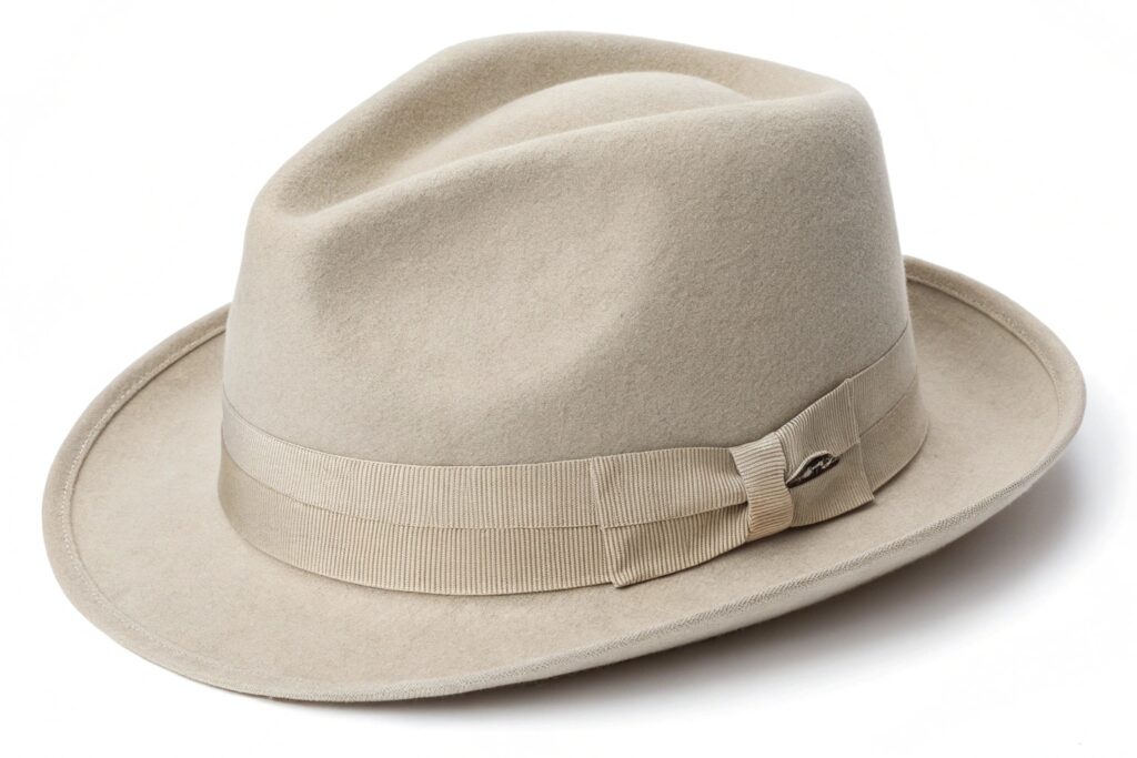 A light-colored fedora hat on a white surface